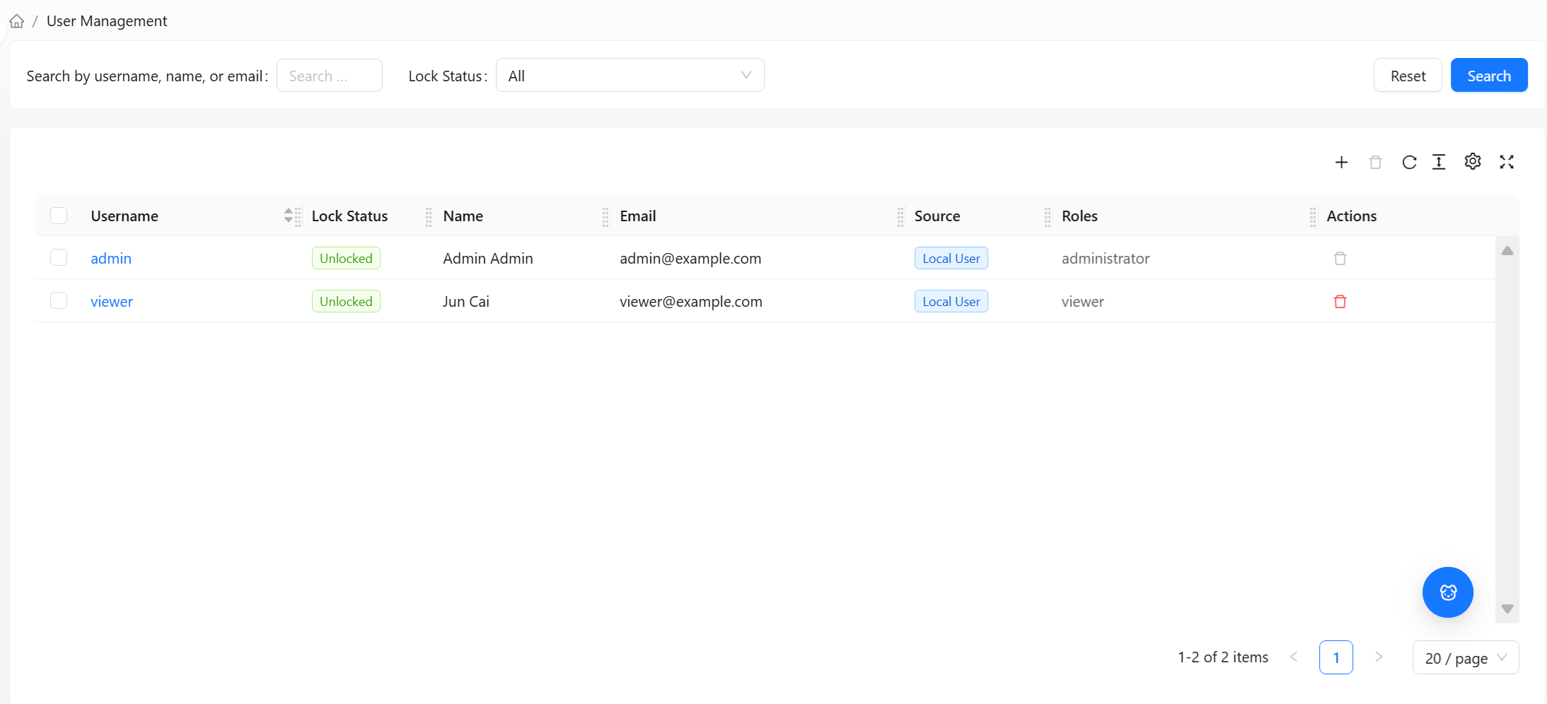 User Management list page
